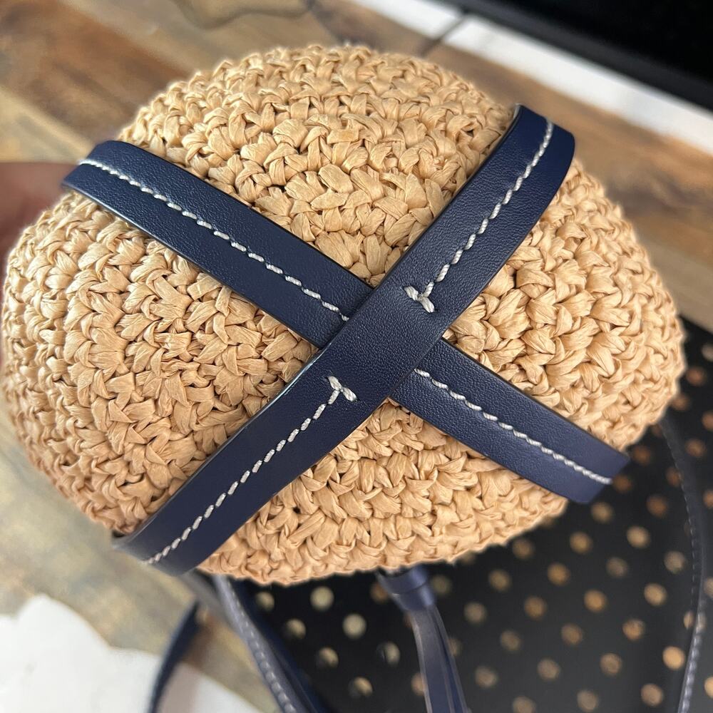 Tory Burch Miller Straw Bucket Bag Natural Navy Crossbody Purse Leather Trim - Picture 10 of 12
